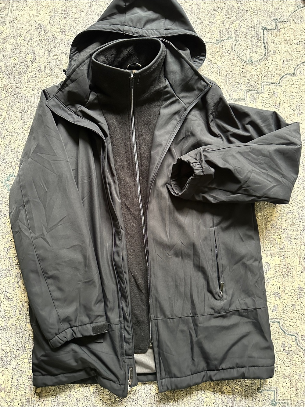 Weatherproof Black Hooded Raincoat with Inner Fleece